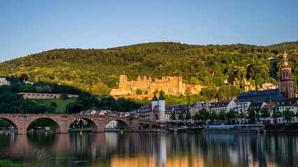 Heidelberg castle ruins, karl theodor bridge (old bridge) and neckar river, germany
