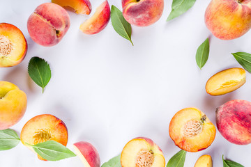 Fresh organic peaches, simple pattern, layout on white background