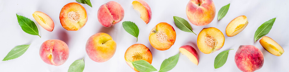 Fresh organic peaches, simple pattern, layout on white background banner