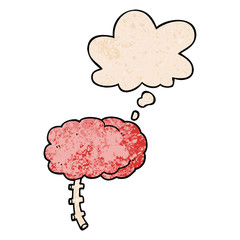 cartoon brain and thought bubble in grunge texture pattern style