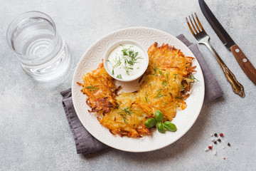 Fried cakes of grated potatoes on the plate with sauce. Traditional pancakes boxty raggmunk
