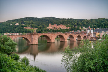 Heidelberg castle ruins, karl theodor bridge (old bridge) and neckar river, germany