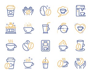 Coffee line icons. Beans, hot cocktail and coffee maker machine. Espresso cup, cappuccino with whipped cream line icons. Latte vending machine, breakfast drink and roasted beans. Vector