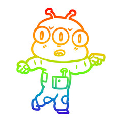 rainbow gradient line drawing cartoon three eyed alien pointing