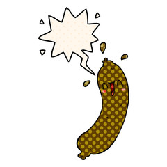 happy cartoon sausage and speech bubble in comic book style