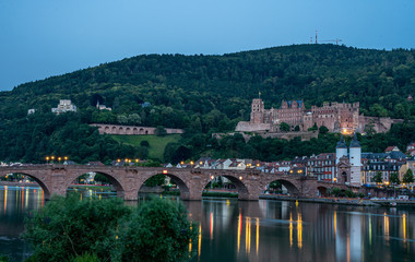 Fototapeta na wymiar Heidelberg castle ruins, karl theodor bridge (old bridge) and neckar river, germany