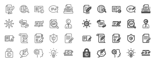 Copywriting book line icons. Set of Copyright protection, Signature and Feedback icons. Typewriter, Idea and message copywriting. Write book, legal copyright, content author. Light bulb. Vector
