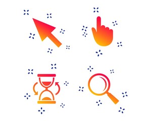 Mouse cursor and hand pointer icons. Hourglass and magnifier glass navigation sign symbols. Random dynamic shapes. Gradient hourglass icon. Vector