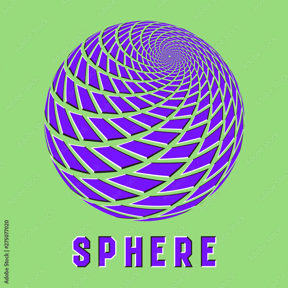 Poster abstract sphere logo symbol with motion illusion effect. purple globe emblem with moving quadrangula