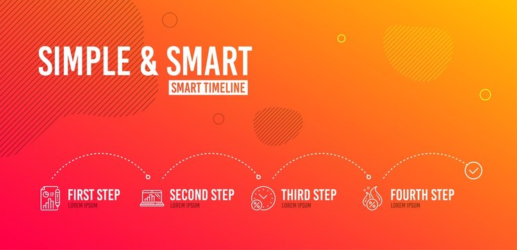 Infographic timeline. Loan percent, Report document and Graph laptop icons simple set. Hot loan sign. Discount, Growth chart, Mobile report. Discount offer. Finance set. 4 steps layout. Vector