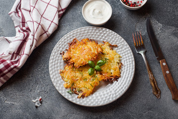 Fried cakes of grated potatoes on the plate with sauce. Traditional pancakes boxty raggmunk