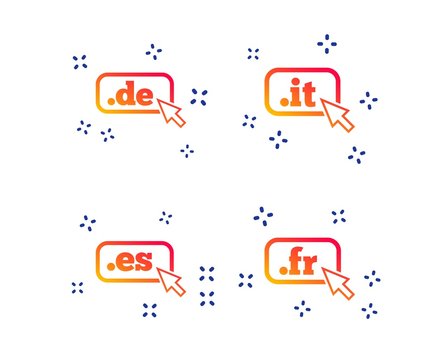 Top-level internet domain icons. De, It, Es and Fr symbols with cursor pointer. Unique national DNS names. Random dynamic shapes. Gradient domain icon. Vector