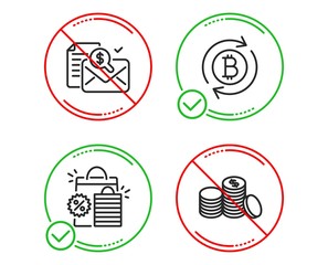 Do or Stop. Shopping bags, Accounting report and Refresh bitcoin icons simple set. Banking money sign. Sale discount, Check finance, Update cryptocurrency. Cash finance. Finance set. Vector