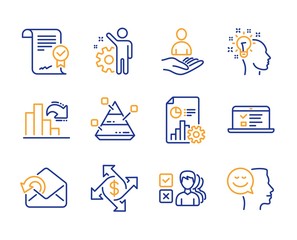 Send mail, Approved agreement and Report icons simple set. Payment exchange, Decreasing graph and Idea signs. Web lectures, Employee and Recruitment symbols. Line send mail icon. Colorful set. Vector