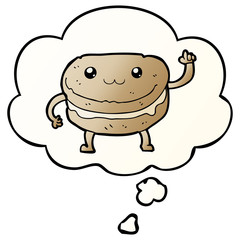 cartoon waving cake character and thought bubble in smooth gradient style
