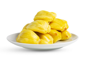 Jackfruit. Fresh yellow ripe jackfruit slices sweet delicious placed in white plate isolated on white background. Exotic tropical vegetarian fruit. Top view.