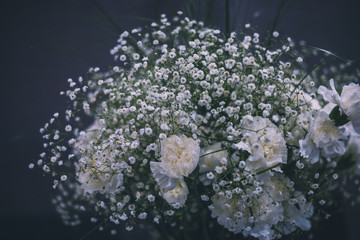 White carnations and white paniculata bouquet closeup shot