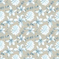 Watercolor seamless pattern in retro style with floral elements. Romantic vintage background with bergamot flowers, rosemary and chamomile in blue colors on a brown backdrop