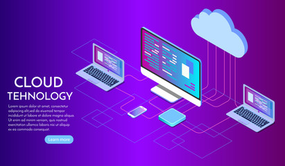 Isometric cloud computing services concept. Vector illustration showing the laptop and web servers. Cloud data storage.. Ultraviolet colors. Abstract tech background