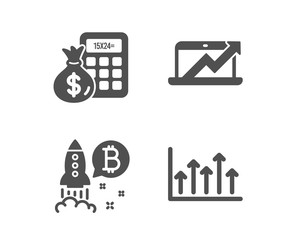 Set of Bitcoin project, Finance calculator and Sales diagram icons. Growth chart sign. Cryptocurrency startup, Calculate money, Sale growth chart. Upper arrows.  Classic design bitcoin project icon