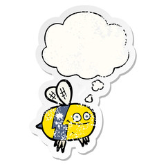 cartoon bee and thought bubble as a distressed worn sticker