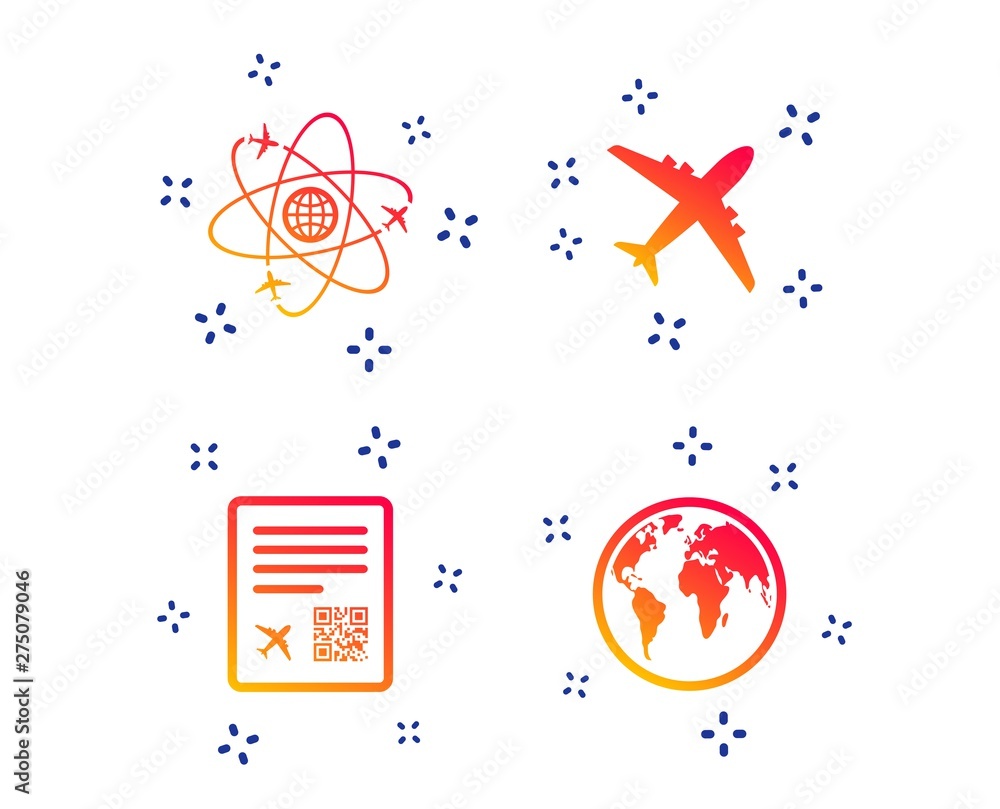 Poster airplane icons. world globe symbol. boarding pass flight sign. airport ticket with qr code. random d