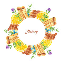 Watercolor frame in retro style with bakery. Romantic vintage logo with croissant, lemon, candy, rosemary and waffle in warm gold, green and brown colors isolated on a white backdrop