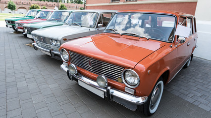 Fototapeta na wymiar Exhibition of retro cars in Tula. Model range of Soviet cars. Old school.