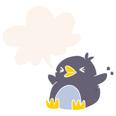 cartoon penguin and speech bubble in retro style