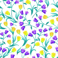 Beautiful seamless floral pattern. Blue bells and yellow tulips randomly located on white background.