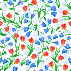 Materiał do szycia Beautiful seamless floral pattern. Blue bells and red tulips randomly located on white background.