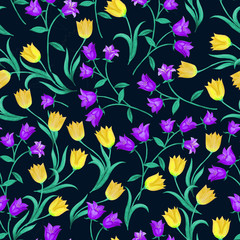 Beautiful seamless floral pattern. Blue bells and yellow tulips randomly located on black background.