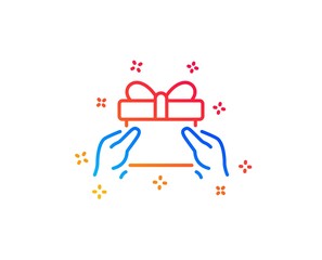 Give a Gift box line icon. Present or Sale sign. Birthday Shopping symbol. Package in Gift Wrap. Gradient design elements. Linear give present icon. Random shapes. Vector