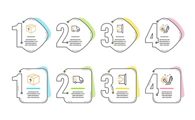 Package, Exit and Truck delivery icons simple set. Engineering sign. Delivery pack, Escape, Express service. Construction. Industrial set. Infographic timeline. Line package icon. 4 options or steps