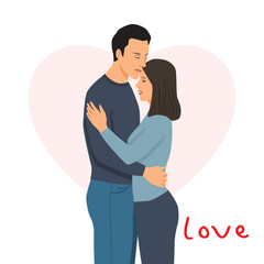 Young man and woman hugging against the background of a pink heart, feeling love for each other.