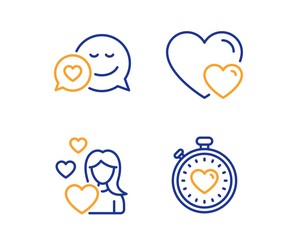 Dating, Love and Hearts icons simple set. Heartbeat timer sign. Love messenger, Romantic relationships. Love set. Linear dating icon. Colorful design set. Vector