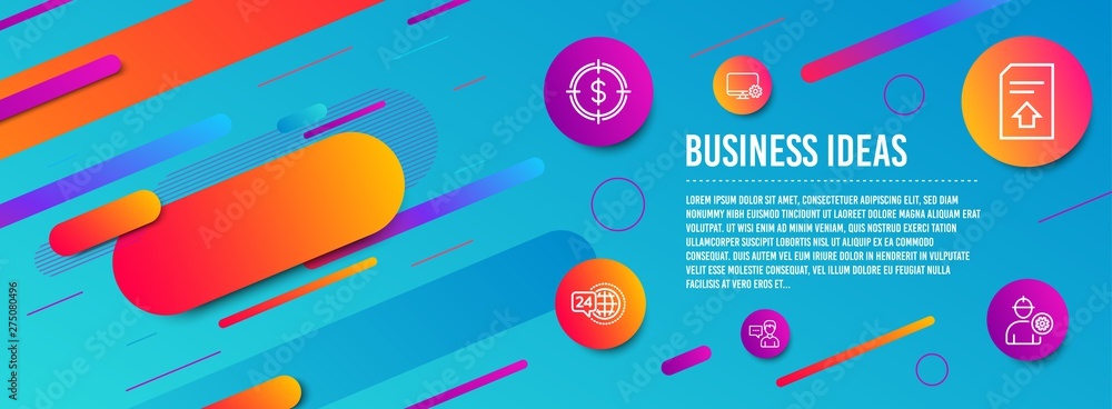 Poster header banner. dollar target, 24h service and person talk icons simple set. monitor settings, upload