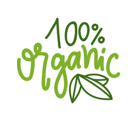 Organic food simple label, 100 percent guarantee isolated green creative logo. Vector greenery, leaves and quality sign, hand drawn badge on white