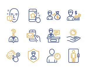 Star rating, Messenger mail and Face attention icons simple set. Hiring employees, Customer satisfaction and Security agency signs. Time management, Exhibitors and Business growth symbols. Vector