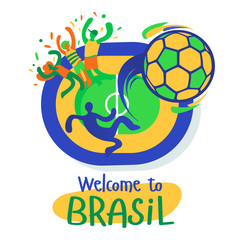 BRASiL-2019_welcome football match fans. Vector template design. Brazil Football Championship 2019. Symbols, ball, kick, holiday, fans. Vector illustration of flyer, banner, advertisement.