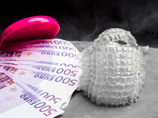 Invisible dental aligners modern tooth brackets transparent braces to straighten teeth and money cash, costs concept