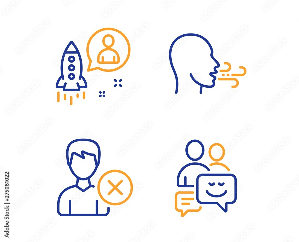 Poster remove account, startup and breathing exercise icons simple set. communication sign. delete user, de