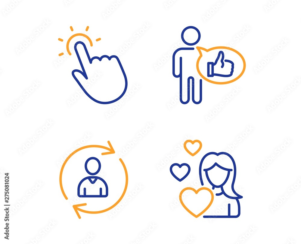 Poster person info, touchpoint and like icons simple set. love sign. refresh user data, touch technology, t