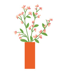 Flowers in vase or flowerpot with blooming plant isolated interior design decorative element. Vector pink blossoms and green leaves, pot with buds on branch