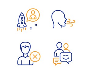 Remove account, Startup and Breathing exercise icons simple set. Communication sign. Delete user, Developer, Breath. Business messages. People set. Linear remove account icon. Colorful design set