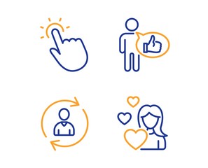 Person info, Touchpoint and Like icons simple set. Love sign. Refresh user data, Touch technology, Thumbs up. Woman in love. People set. Linear person info icon. Colorful design set. Vector