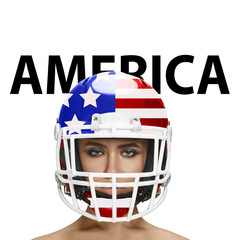 Celebrating an Independence day. Stars and Stripes, flag of United States of America on a helmet on the woman's head. Modern design. Contemporary art. Creative conceptual and colorful collage.