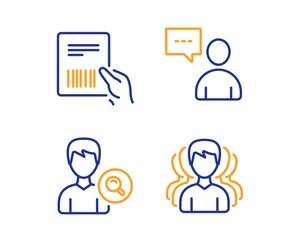 Users chat, Parcel invoice and Search people icons simple set. Group sign. Communication concept, Delivery document, Find profile. Headhunting service. People set. Linear users chat icon. Vector