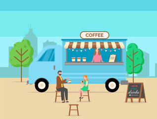 People sitting by truck with coffee sign vector, man and woman on date drinking beverage, seller with different types of drinks, street shop flat style