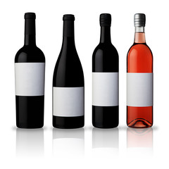 four bottles of wine isolated on white background